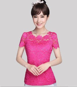 Women Lace Crochet Shirt Tops Short Sleeve O-Neck Lace Blouse Shirts Floral Casual Top