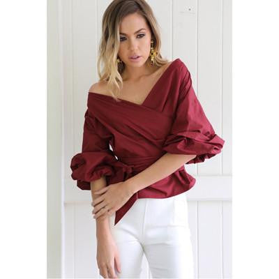 V Neck Women Blouse Kimono Shirt Women Strapless Lantern Sleeves Blouse Bandage Belt Tops