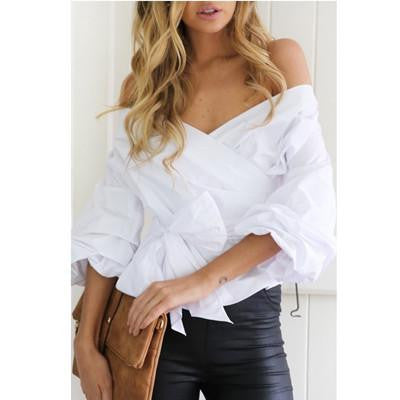 V Neck Women Blouse Kimono Shirt Women Strapless Lantern Sleeves Blouse Bandage Belt Tops