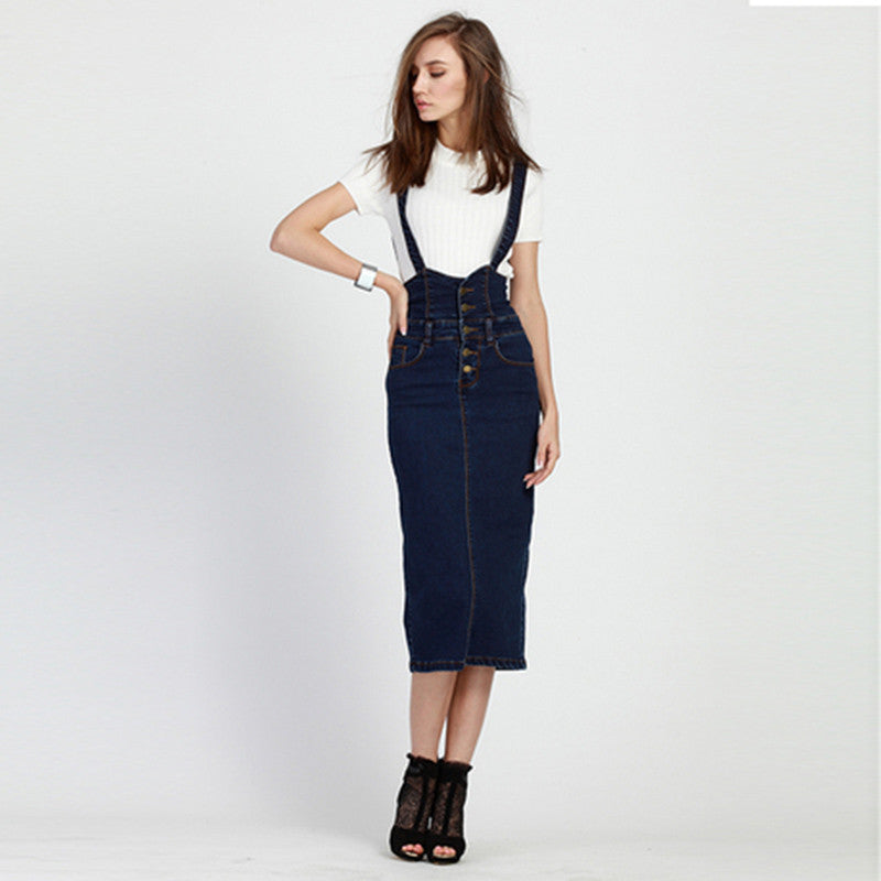 Online discount shop Australia - Denim Suspender Skirt for Women Long Elastic Slim Casual Sexy Back Split A-line Plus Size High Waist Jeans Skirts Womens