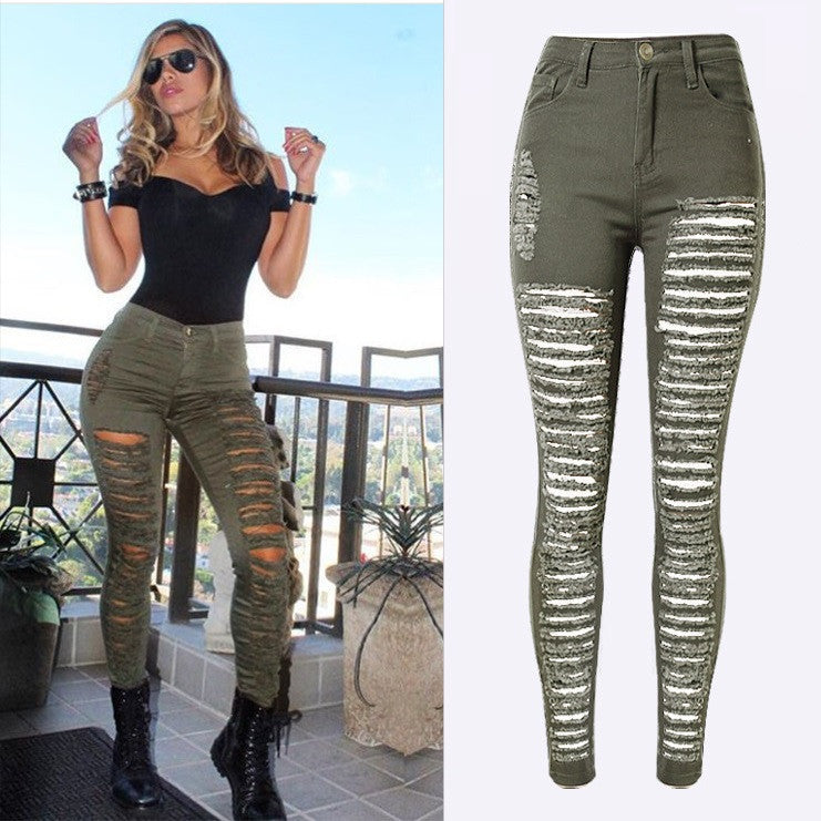 Online discount shop Australia - Fashion Army Green/Black/White Sexy Ripped Jeans Women Plus Size Distressed High Waist Jeans Ladies Skinny Jean Taille Haute