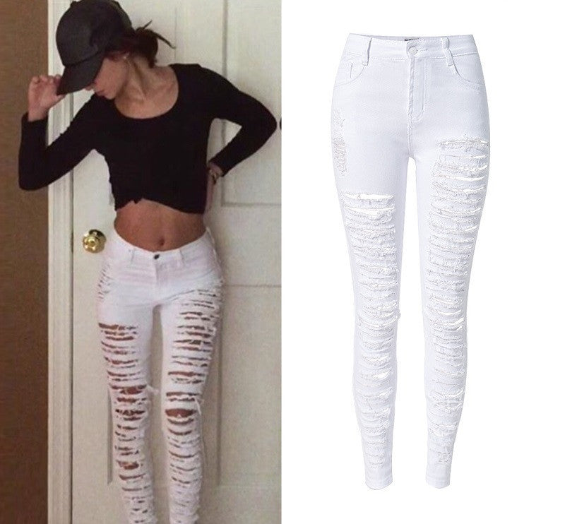 Online discount shop Australia - Fashion Army Green/Black/White Sexy Ripped Jeans Women Plus Size Distressed High Waist Jeans Ladies Skinny Jean Taille Haute