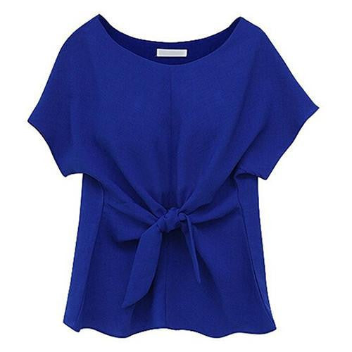 Women's Oversized Short Sleeve Crewneck Tie Front Bow Chiffon Blouse Tops