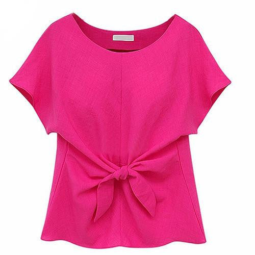 Women's Oversized Short Sleeve Crewneck Tie Front Bow Chiffon Blouse Tops