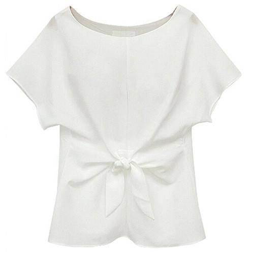 Women's Oversized Short Sleeve Crewneck Tie Front Bow Chiffon Blouse Tops