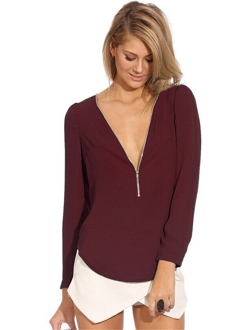 Women Blouses Zip Shirt Casual Long Sleeve V-neck Solid Color Chiffon Blouse Female Blouse