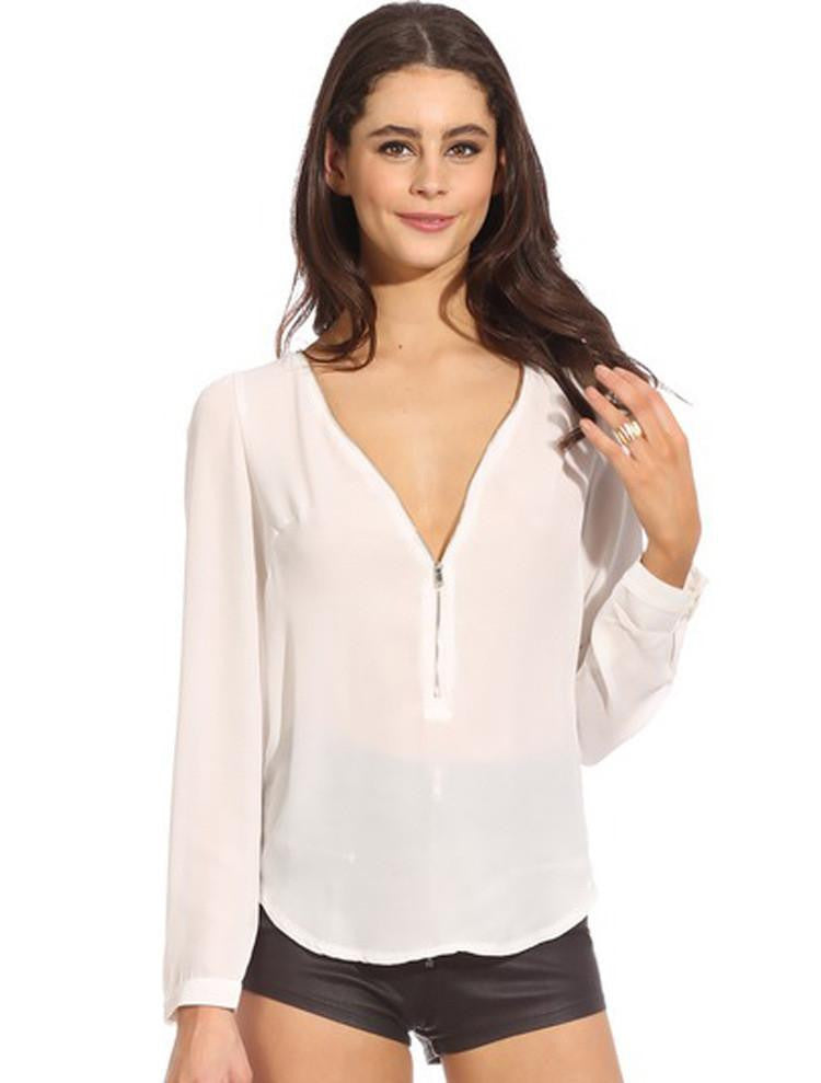 Women Blouses Zip Shirt Casual Long Sleeve V-neck Solid Color Chiffon Blouse Female Blouse