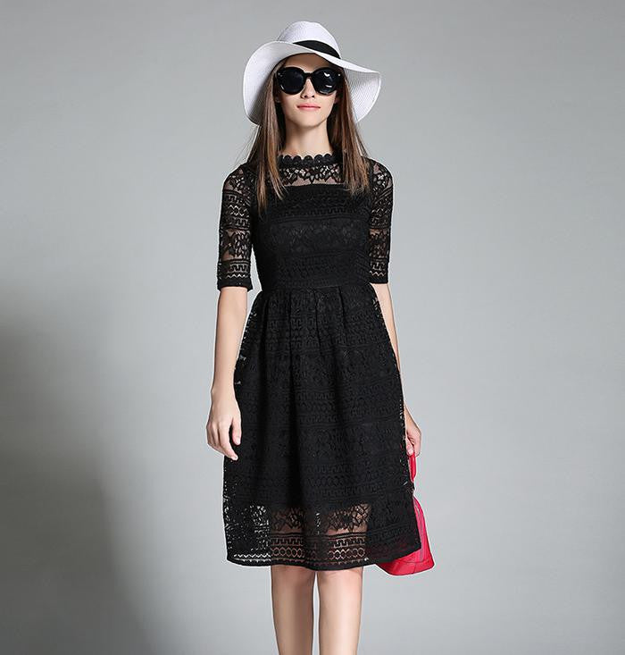 Europe Summer Women's Temperament Lace Hollow Out Long Dresses Femme Casual Slim Clothing Women Party Dresses