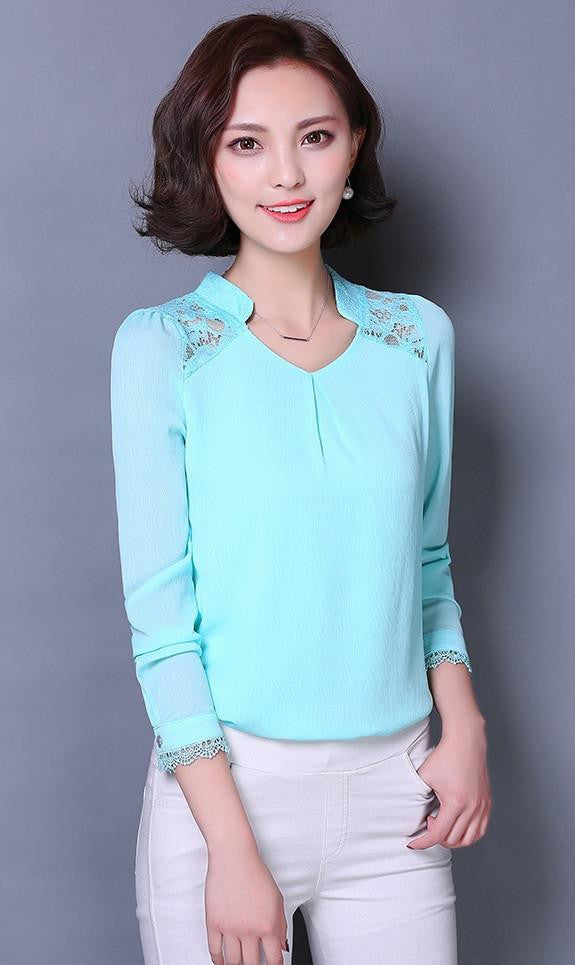 Women Blouses Lace Plus Size Casual shirts Hollow Long-sleeved chiffon blouse Shirt women Tops 377E 20
