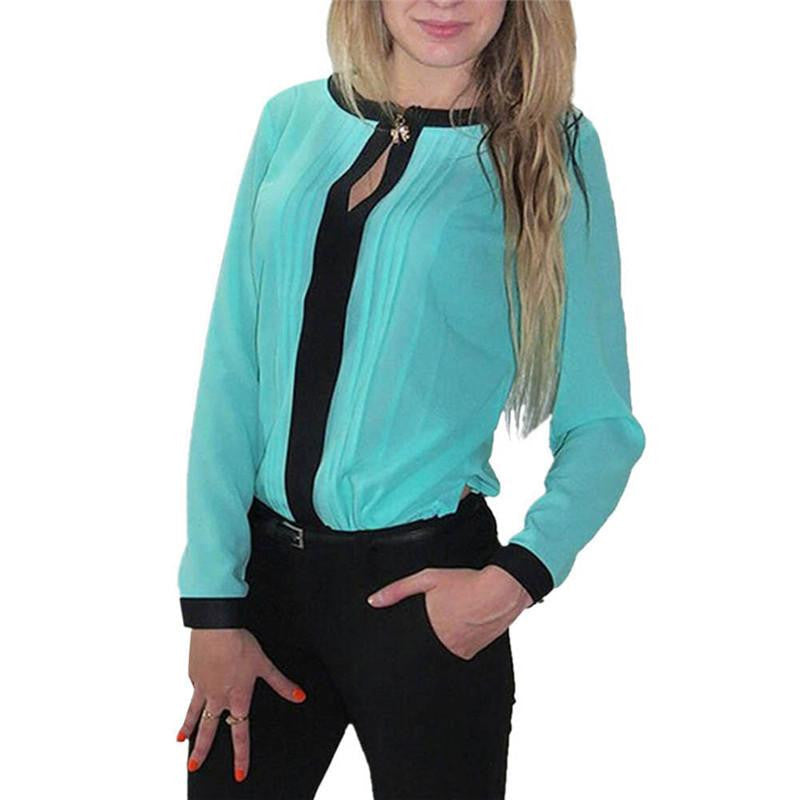 Women Chiffon blouses Long Sleeve Shirt Pleated Patchwork Office Blouses Tops