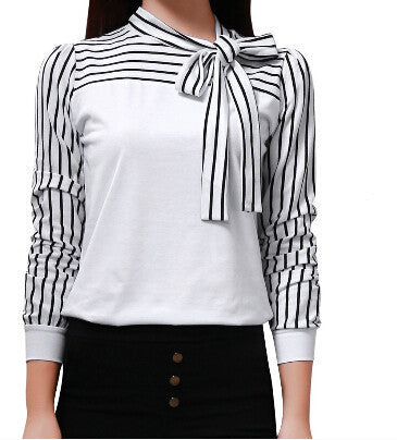 Online discount shop Australia - Lady Bow Neck Blouse Stripe Long Sleeve Shirts Casual Fall Tops