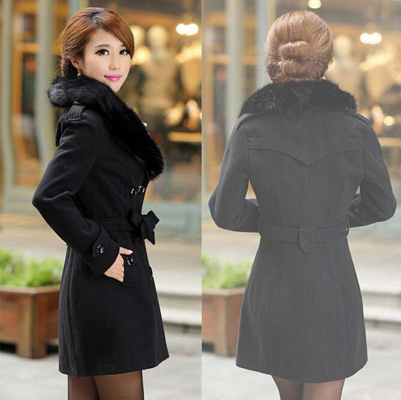 Plus Size M-5XL Coat Women Fashion Slim Big Fur Collar Double-Breasted Womens Wool Blended AE-ME-168