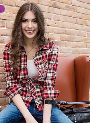 XS-3XL Women Shirt Sanded Loose Plaid Shirt Tops Girl Outerwear Cotton Shirt Female