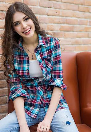 XS-3XL Women Shirt Sanded Loose Plaid Shirt Tops Girl Outerwear Cotton Shirt Female