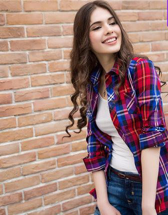 XS-3XL Women Shirt Sanded Loose Plaid Shirt Tops Girl Outerwear Cotton Shirt Female