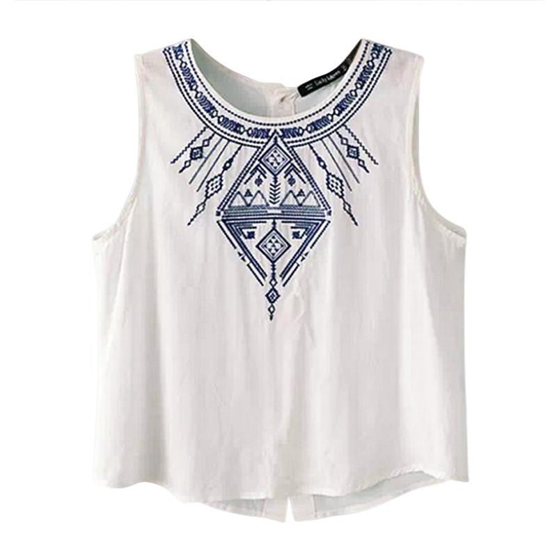 Style Fashion Women Elegant Embroidery White Black Crop Blouses Shirt Vintage Sleeveless Casual Brand Tops Plus Size