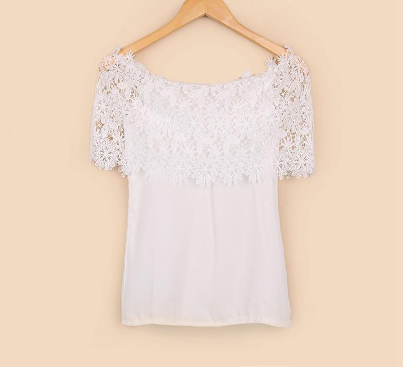 Women Chiffon Lace Stitching Tops Ladies Casual Off Shoulder Short Sleeve Blouse Shirts Plus Size