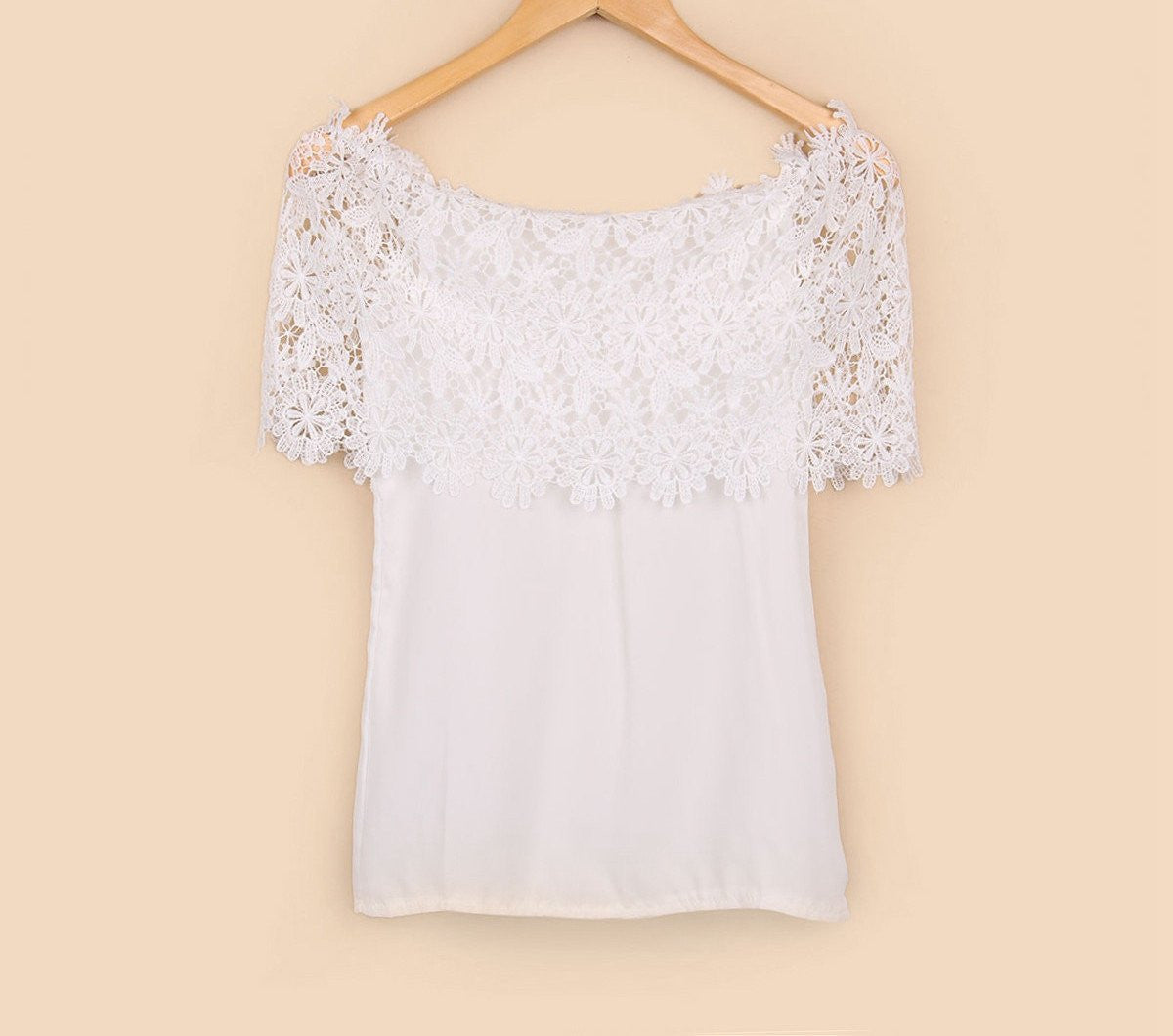 Women Chiffon Lace Stitching Tops Ladies Casual Off Shoulder Short Sleeve Blouse Shirts Plus Size