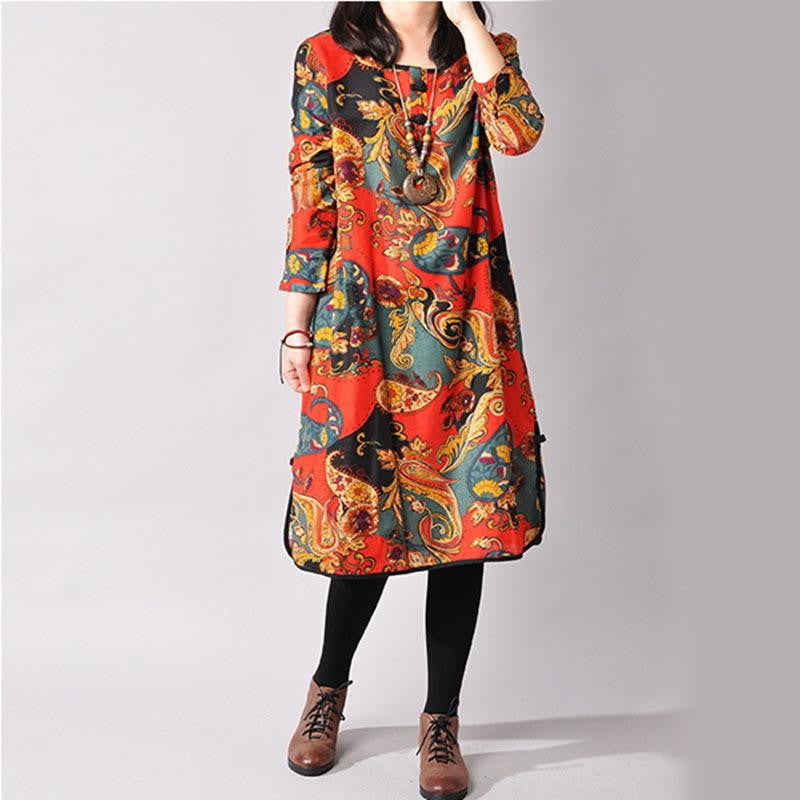 Vintage Plus Size Long Sleeve Printed Ethnic Loose Cotton 3 Colors Linen Women Dress M-XXL size