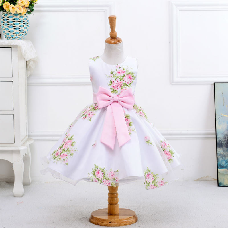Online discount shop Australia - Baby girl print flower girl dress for wedding girls party dress with bow dress for 2-8 Years LM008