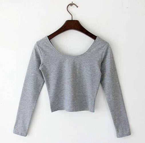 Online discount shop Australia - Fall fashion  Sexy Crop Top Ladies long Sleeve t shirt women tops Basic Stretch T-shirts Bare-midriff solid color