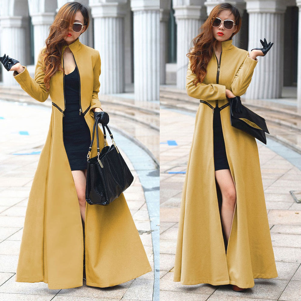 Fashion Women Wool Coat Overcoat Patchwork Warm Long Jacket Maxi Dress