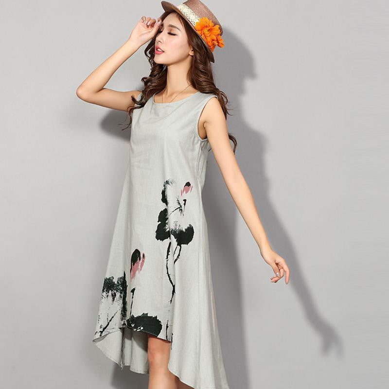 Style Flower Print Sleeveless Comfortable Cotton Linen Casual Dress Women Summer Dresses H192