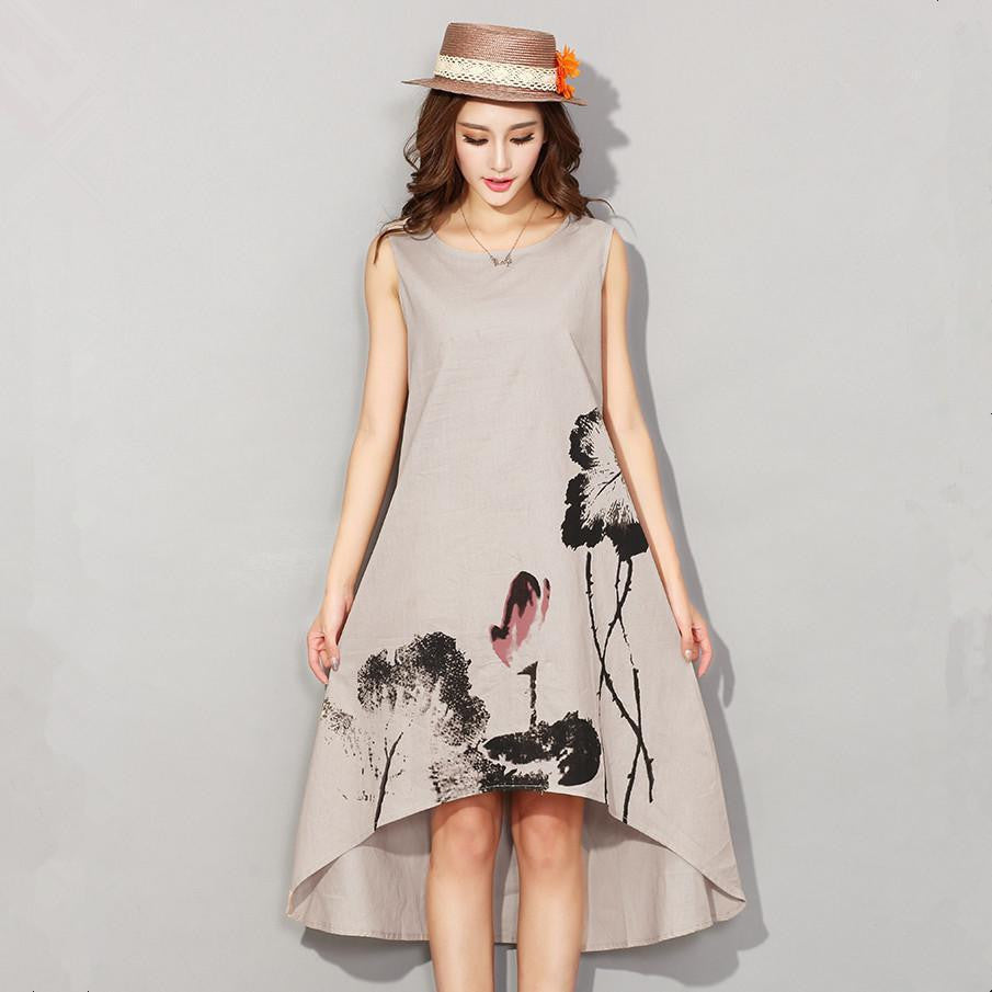Style Flower Print Sleeveless Comfortable Cotton Linen Casual Dress Women Summer Dresses H192