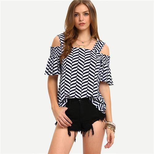 SheIn Women Tops and Blouses Fashion Ladies Casual Multicolor Half Sleeve Cold Shoulder Striped Blouse