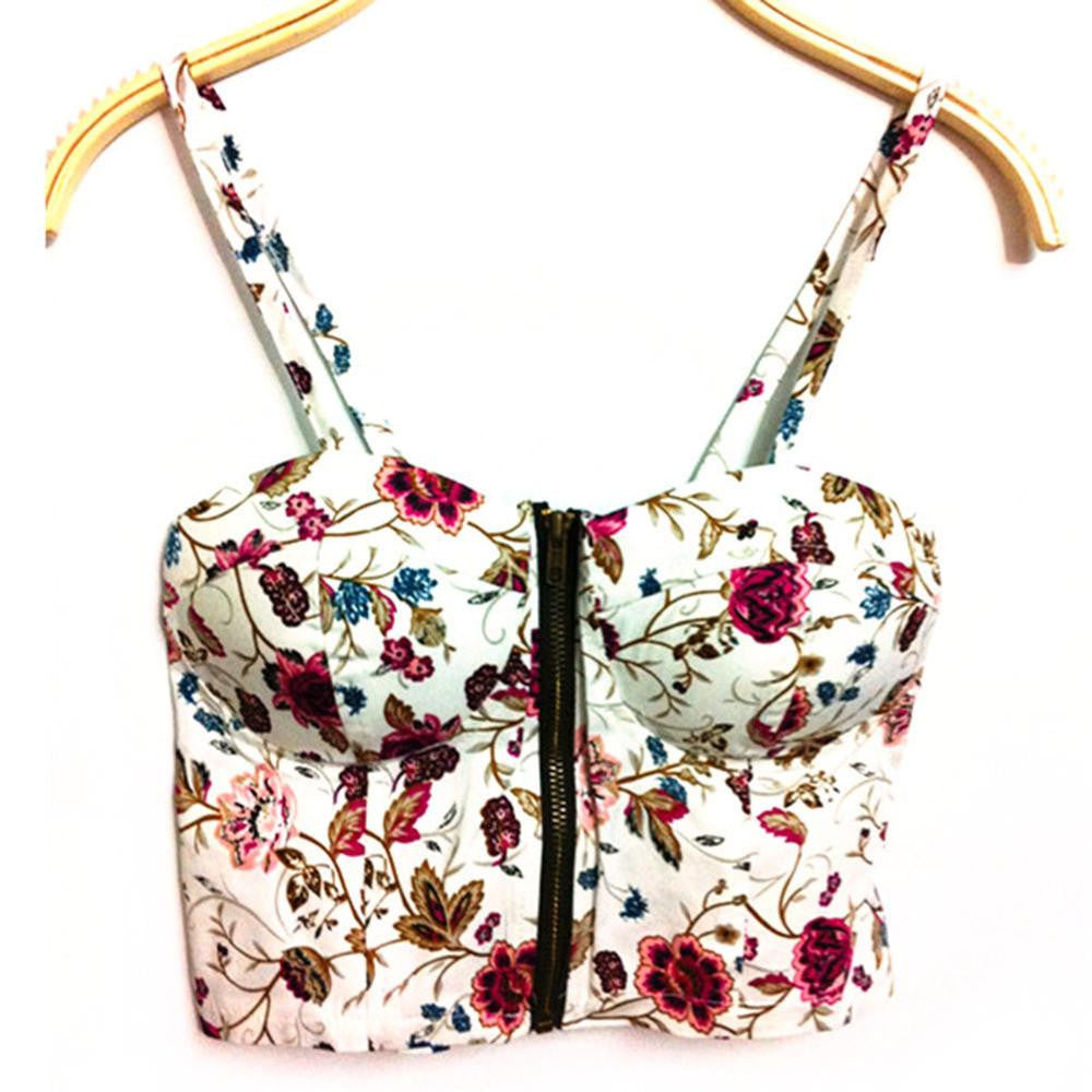 Women Crop Top Zipper Floral Vintage Bustier Cropped Tops Zipper Bra Party Cami Bikini Tank