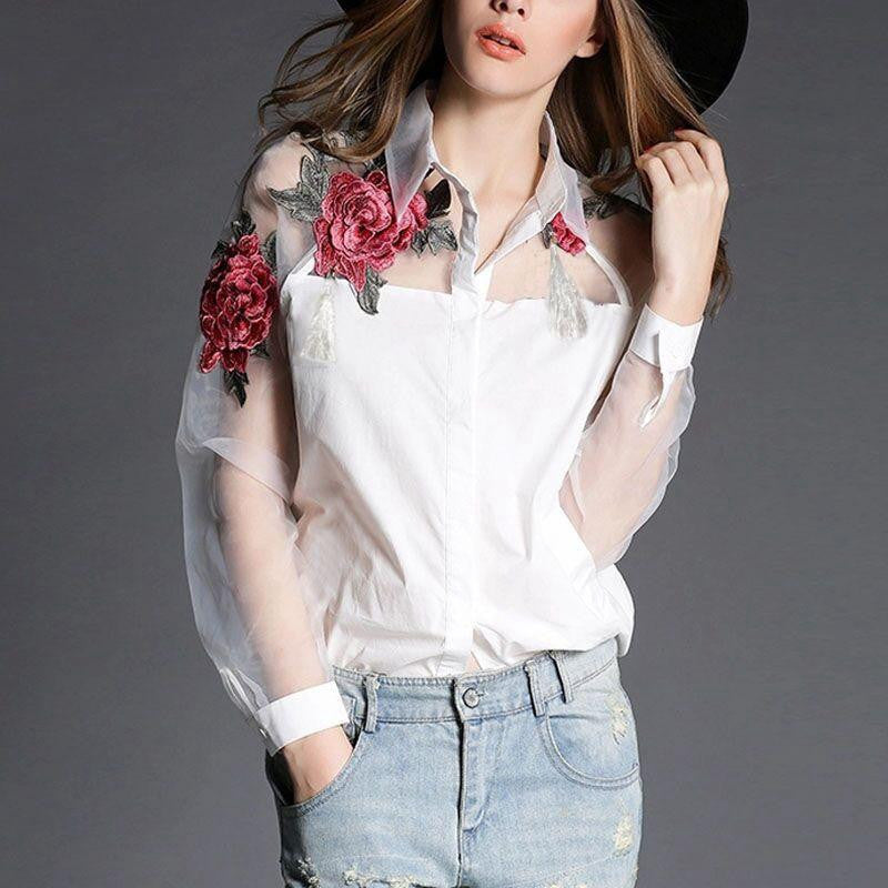 ing Zanzea Fashion Women Elegant Flower Embroidery Organza Casual Mesh Blouse Tops Plus Size