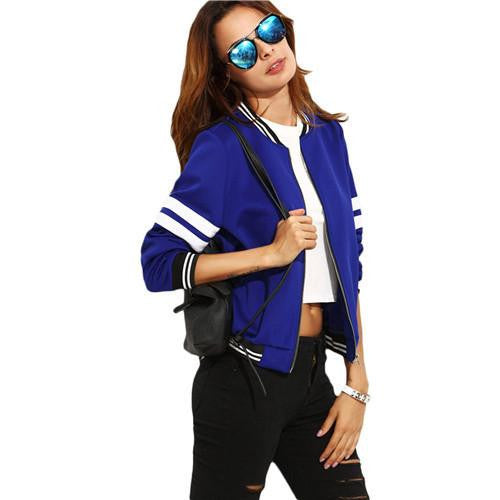 Short Jackets For Women Fashion Royal Blue Contrast Trim Stand Collar Long Sleeve Zipper Baseball Basic Jacket Coat