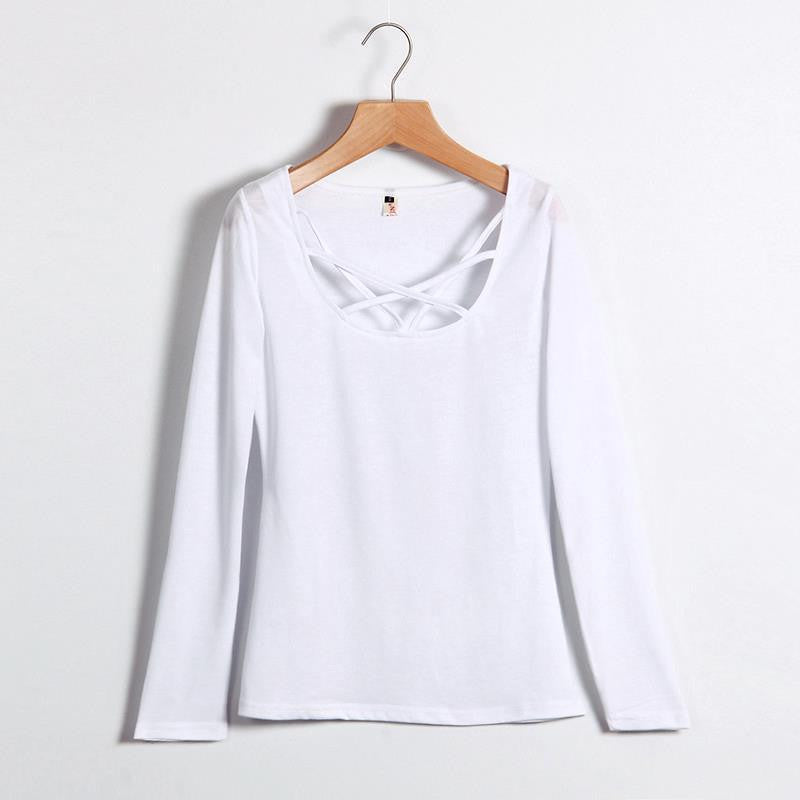 Women T shirt Long Sleeve Hollow Out Spaghetti Strap Slim Fit Solid Crop Top Tee Shirt Tunic