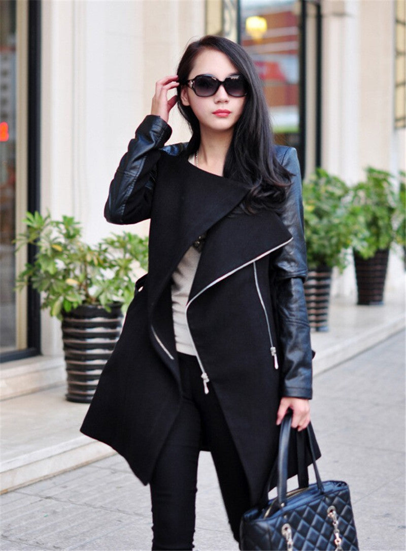 Online discount shop Australia - Fall Fashion women coat Patchwork Womens Long Wool PU Leather Sleeve Jacket Coat Windbreaker