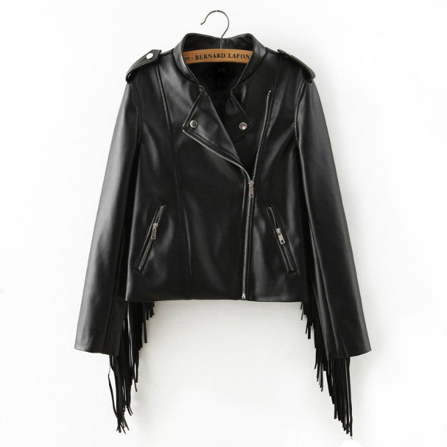 fringed faux PU leather tassels sleeve back zippers women Motorcycle Jacket coat black