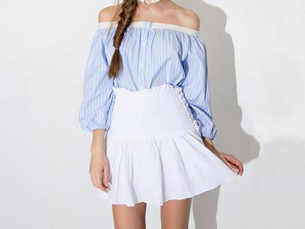 Womens Off Shoulder Lantern Sleeve Striped T-shirt Loose Slim Pleated Button Basic Tops Tees for