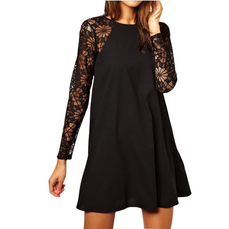 Women Autumn Chiffon Solid Black Dress Crewneck A-Line Lace Long Sleeve Street Umbrella Dress