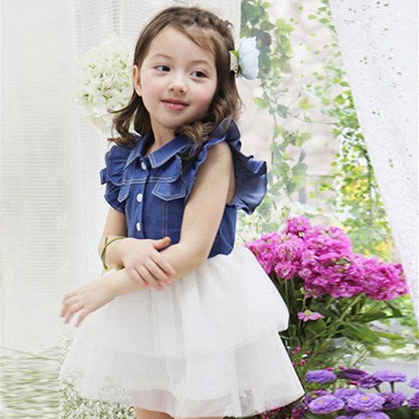 Online discount shop Australia - Cute Kids One Piece Dress Girls Ruffled Denim Gauze Tutu Clothes For 2-7Y 2 Colors