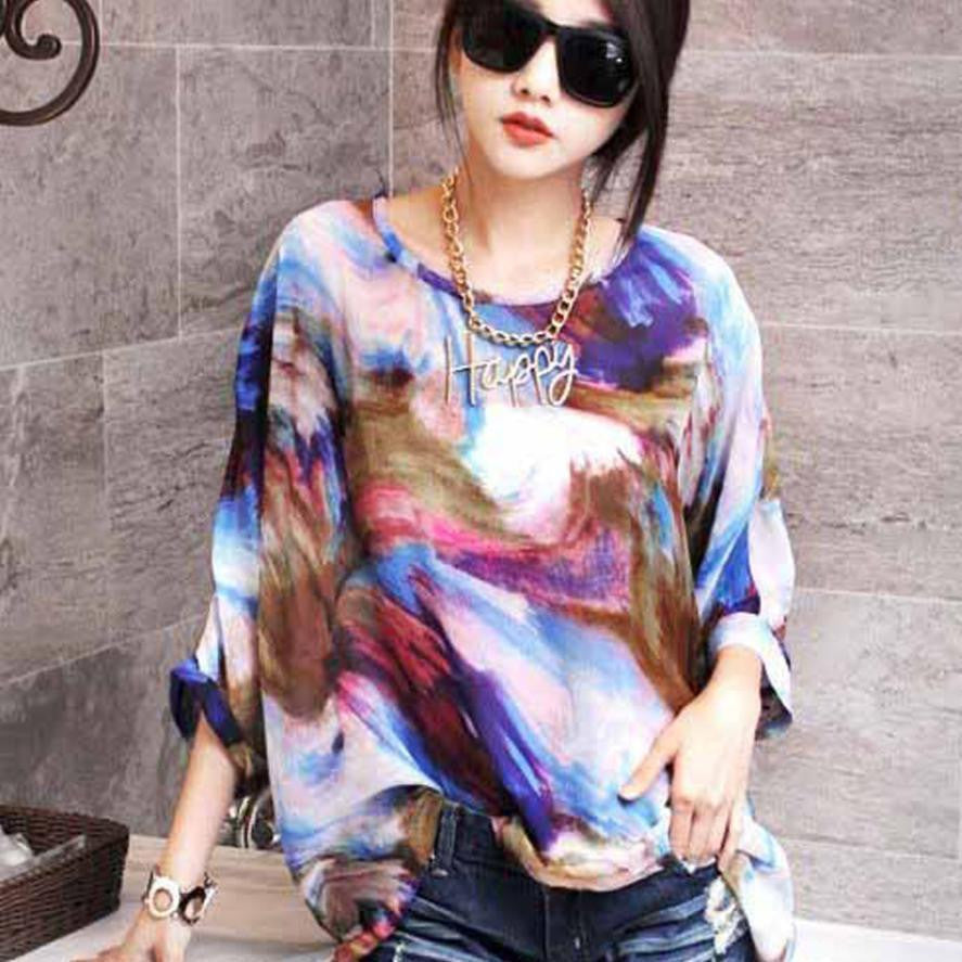 Online discount shop Australia - Women Cherry Print Bohemian Chiffon Loose Tops Batwing Sleeve Shirt Casual