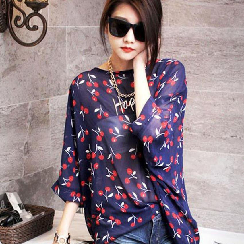 Online discount shop Australia - Women Cherry Print Bohemian Chiffon Loose Tops Batwing Sleeve Shirt Casual