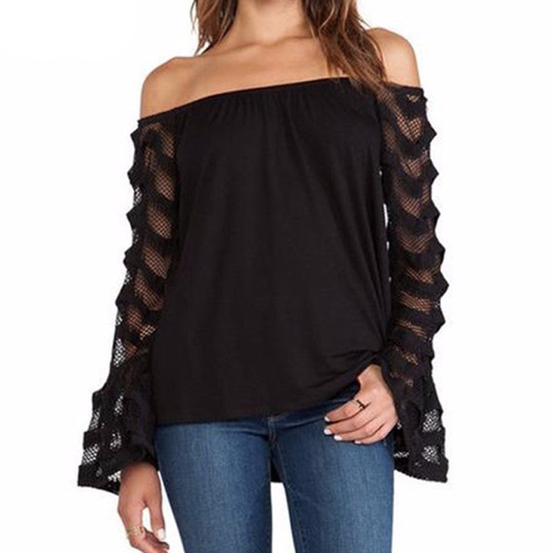 Online discount shop Australia - Fashion Women Blouses Sexy Off Shoulder Mesh Long Sleeve Shirts Oversized Tops Plus Size 5XL