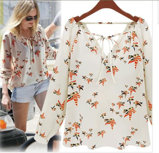 Online discount shop Australia - Fall New Long-Sleeved Chiffon Blouse Women Chiffon Shirt Printing Color Dove Women Tops And Blouses