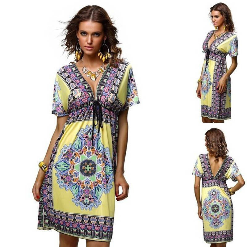 Women Summer Dress 1970s Vintage Paisley Print V Neck Hippie Bohemian Beach Dress