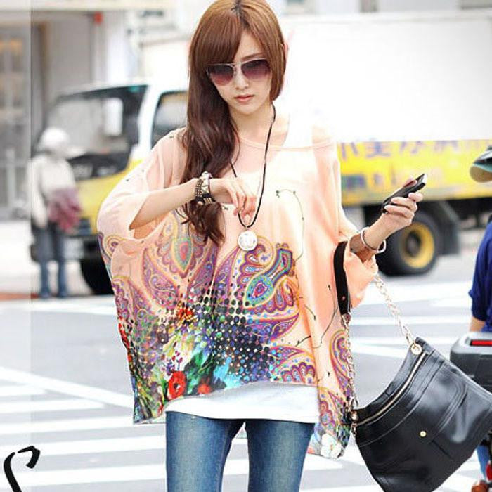 Women Casual Chiffon Blouses Bohemia Print Loose Batwing Sleeve Tops Shirt