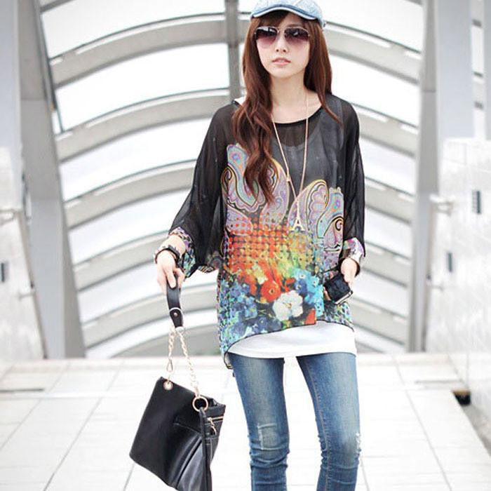 Women Casual Chiffon Blouses Bohemia Print Loose Batwing Sleeve Tops Shirt