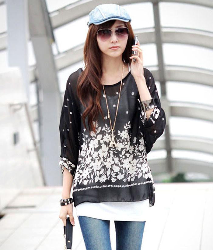 Women Casual Chiffon Blouses Bohemia Print Loose Batwing Sleeve Tops Shirt