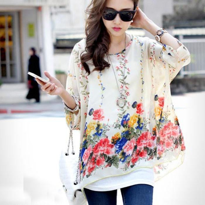 Women Casual Chiffon Blouses Bohemia Print Loose Batwing Sleeve Tops Shirt