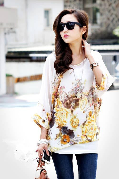 Women Casual Chiffon Blouses Bohemia Print Loose Batwing Sleeve Tops Shirt