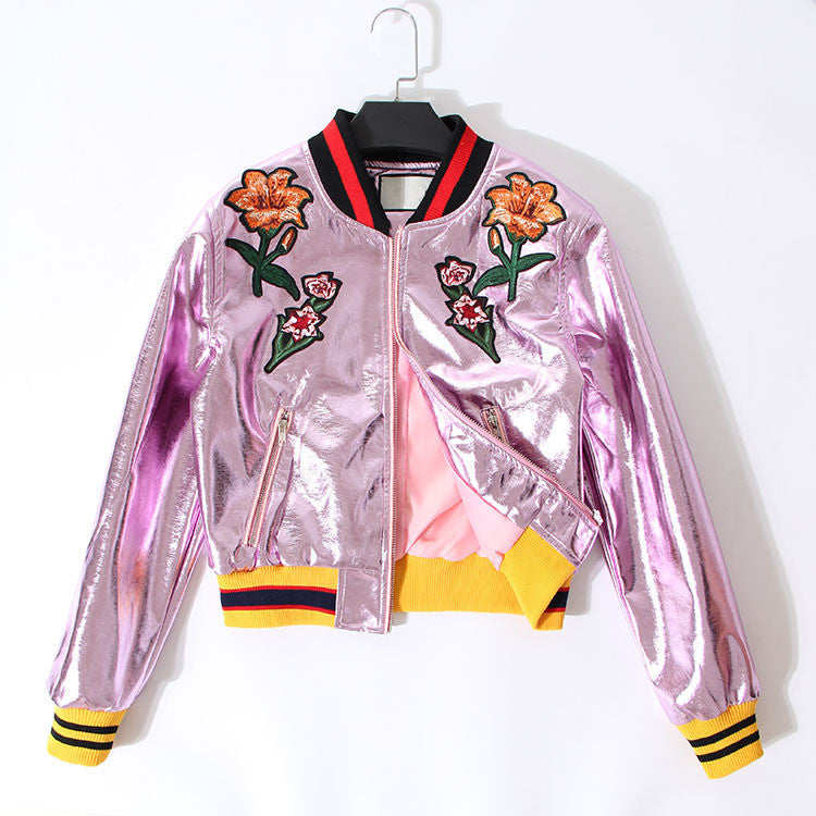 Online discount shop Australia - metal laser PU leather embroidered flowers bomber jacket women basic coat new clothing fashion