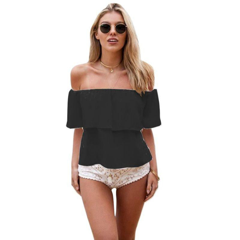 Women Girl Off Shoulder Chiffon Boat Neck Tops Casual Blouse Clothes